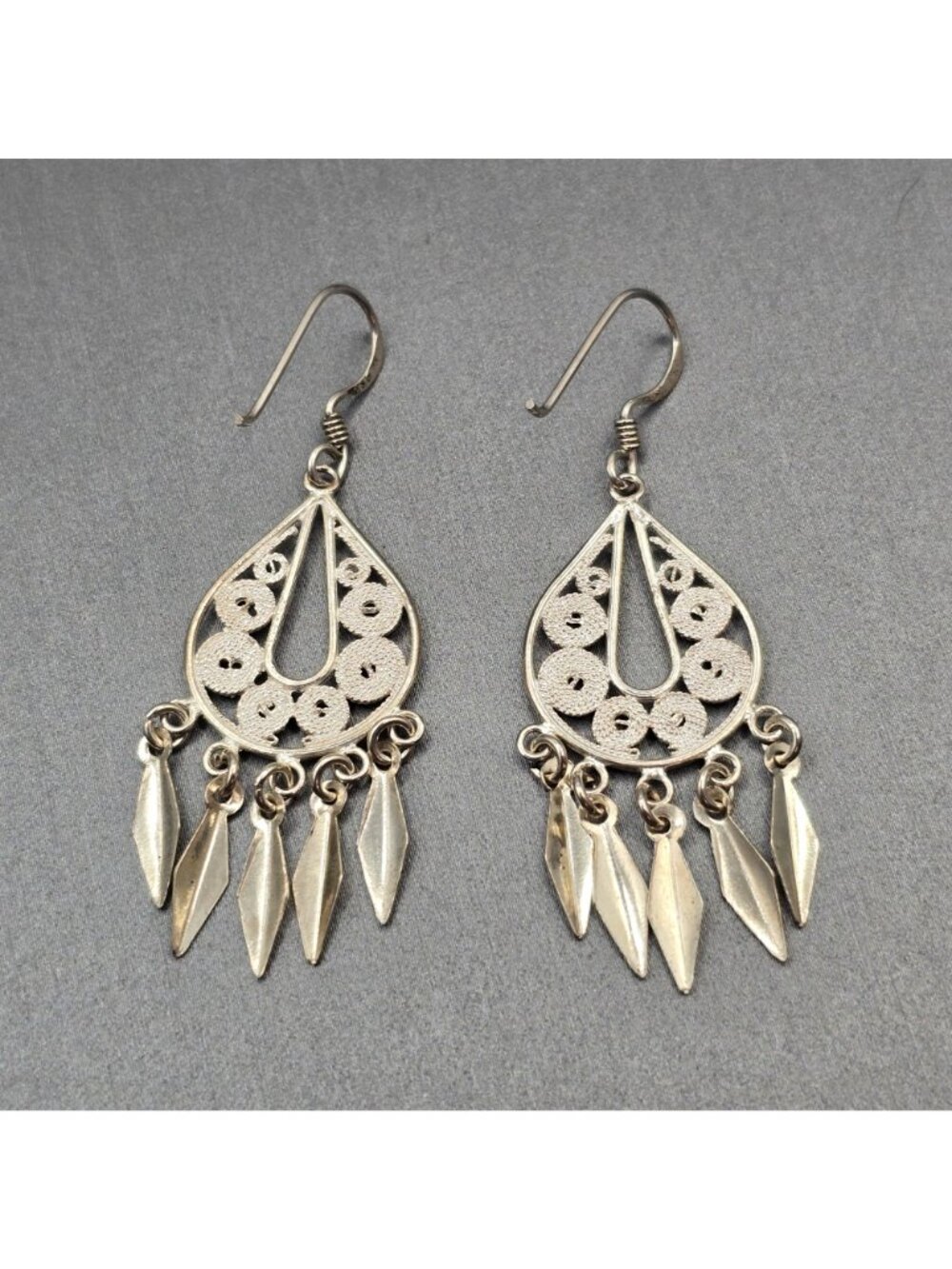 Vintage Sterling Silver Filigree Chandelier Earrings 1.75" Bali Drop Dangle - Picture 5 of 9
